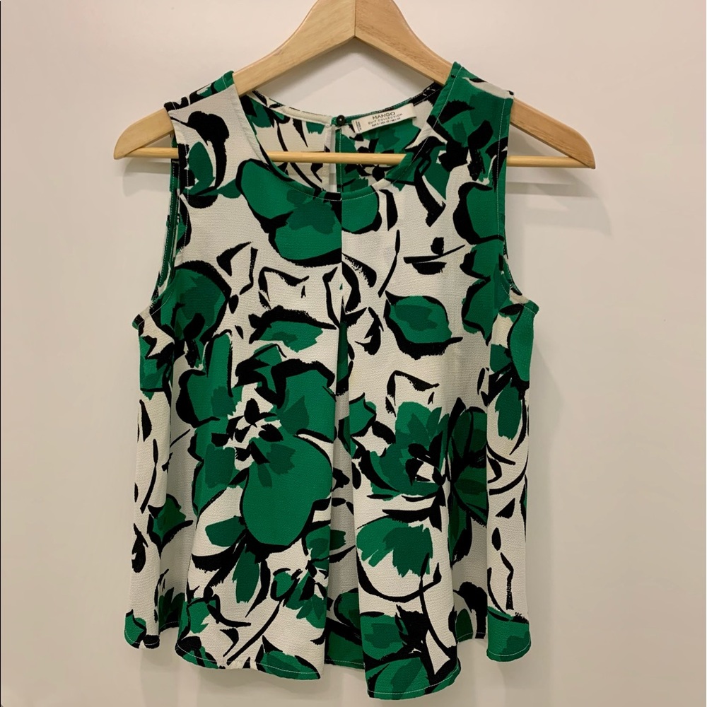 MANGO Suit Collection sleeveless blouse - green, black, white floral - size XS